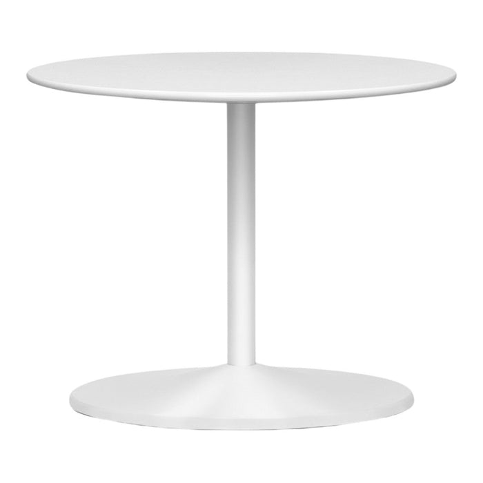 Round white dining table with a smooth surface and a sleek, minimalistic design. Perfect for modern interiors.