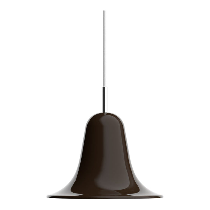 Glossy brown metal pendant light with a smooth, bell-shaped design and sleek silver hanging cord.