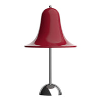 Red bell-shaped lamp with a glossy finish and a sleek chrome base, perfect for modern decor.
