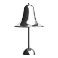 Sleek, shiny chrome lamp with a bell-shaped shade and smooth, modern lines. Ideal for contemporary decor.