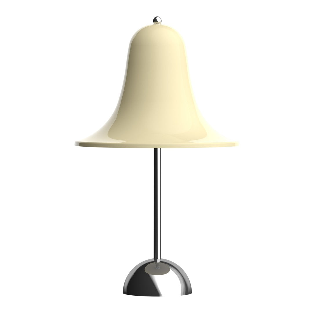 Cream bell-shaped lamp with a sleek chrome base, featuring a smooth, minimalist design.