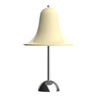 Cream bell-shaped lamp with a sleek chrome base, featuring a smooth, minimalist design.