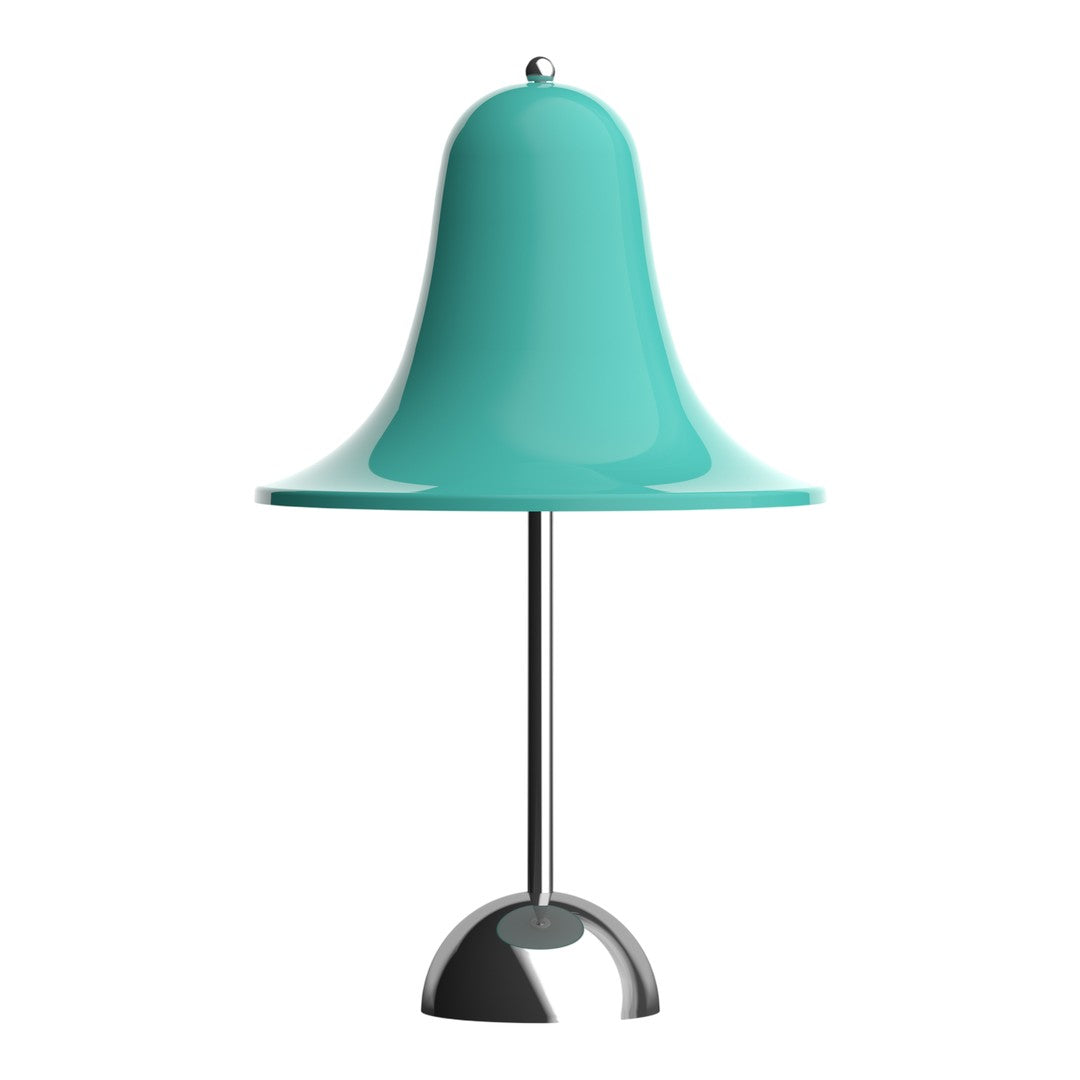 Turquoise bell-shaped lamp with a sleek chrome base, smooth glossy finish, and minimalist design. Perfect for modern decor.