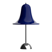 Glossy blue bell-shaped lamp with a sleek chrome base, featuring a minimalist design and smooth, modern finish.