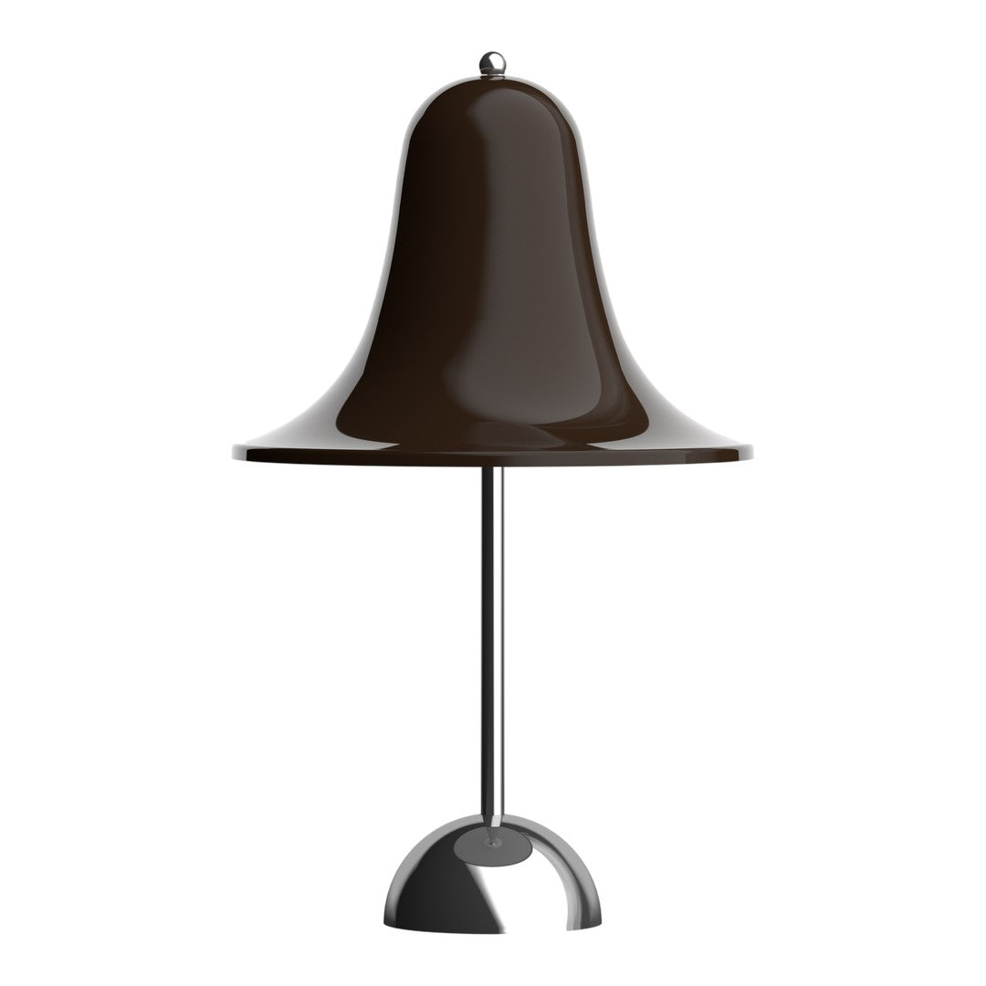 Brown bell-shaped lamp with a glossy finish, supported by a sleek chrome base. Modern and stylish design.