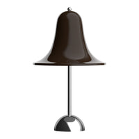 Brown bell-shaped lamp with a glossy finish, supported by a sleek chrome base. Modern and stylish design.