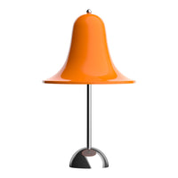 Bright orange bell-shaped lamp with a sleek silver base, perfect for modern decor.