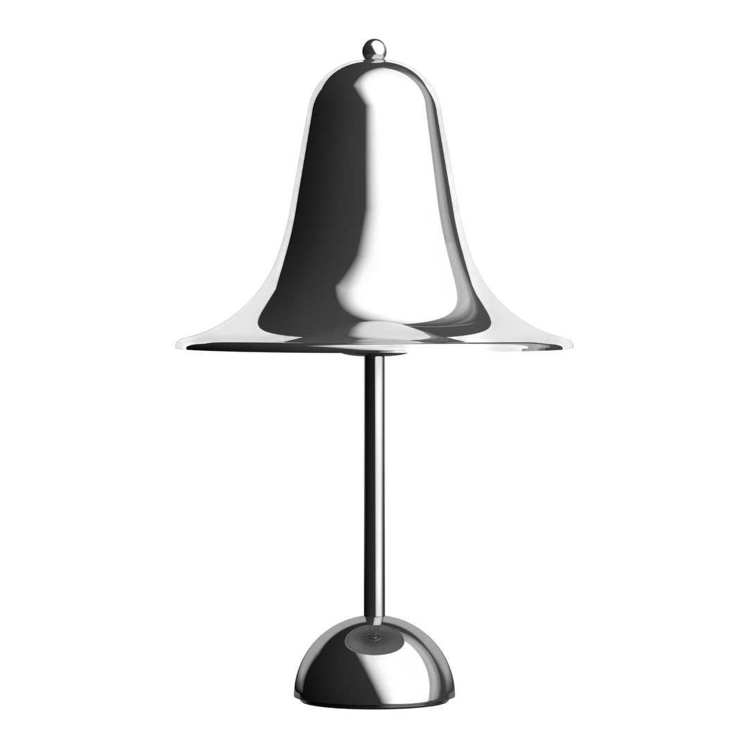 Sleek silver bell-shaped lamp with a glossy finish and smooth curves, perfect for modern decor.