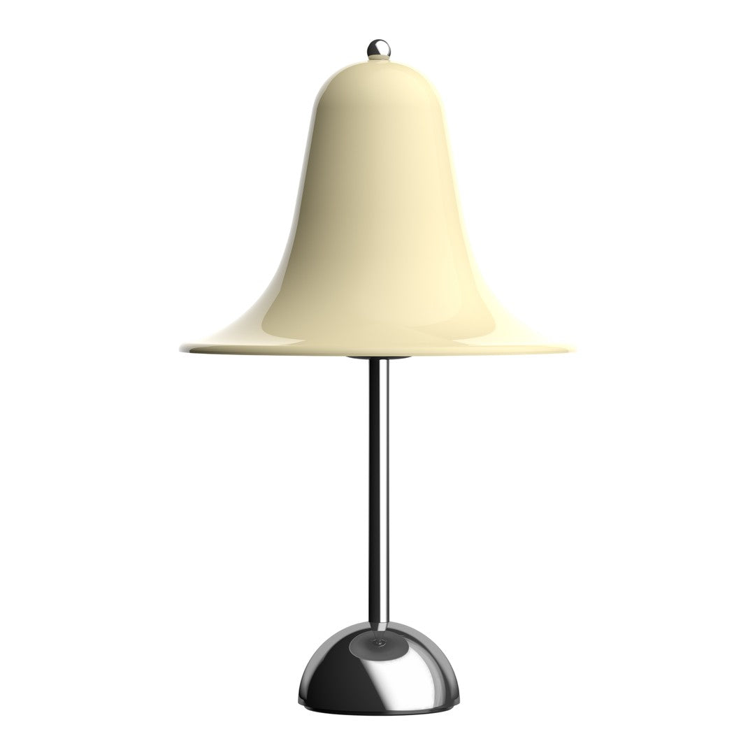 Cream bell-shaped lamp with a sleek chrome base, offering a minimalist and modern design. Perfect for stylish interiors.