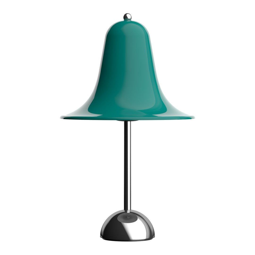 Teal bell-shaped lamp with a chrome base, featuring a smooth, glossy finish. Modern design accent for any space.