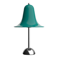 Teal bell-shaped lamp with a chrome base, featuring a smooth, glossy finish. Modern design accent for any space.