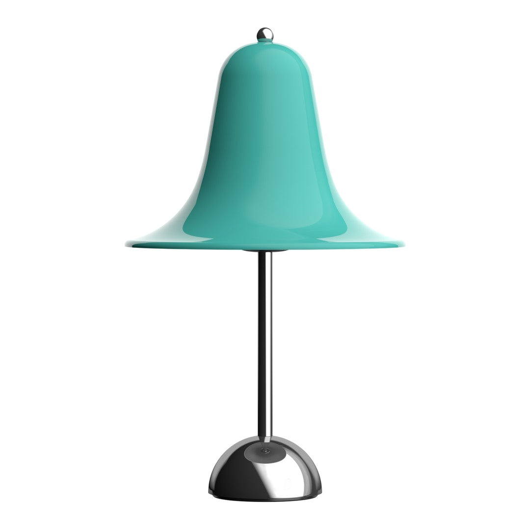 Turquoise bell-shaped lamp with a glossy finish and a sleek silver base. Perfect for modern decor.