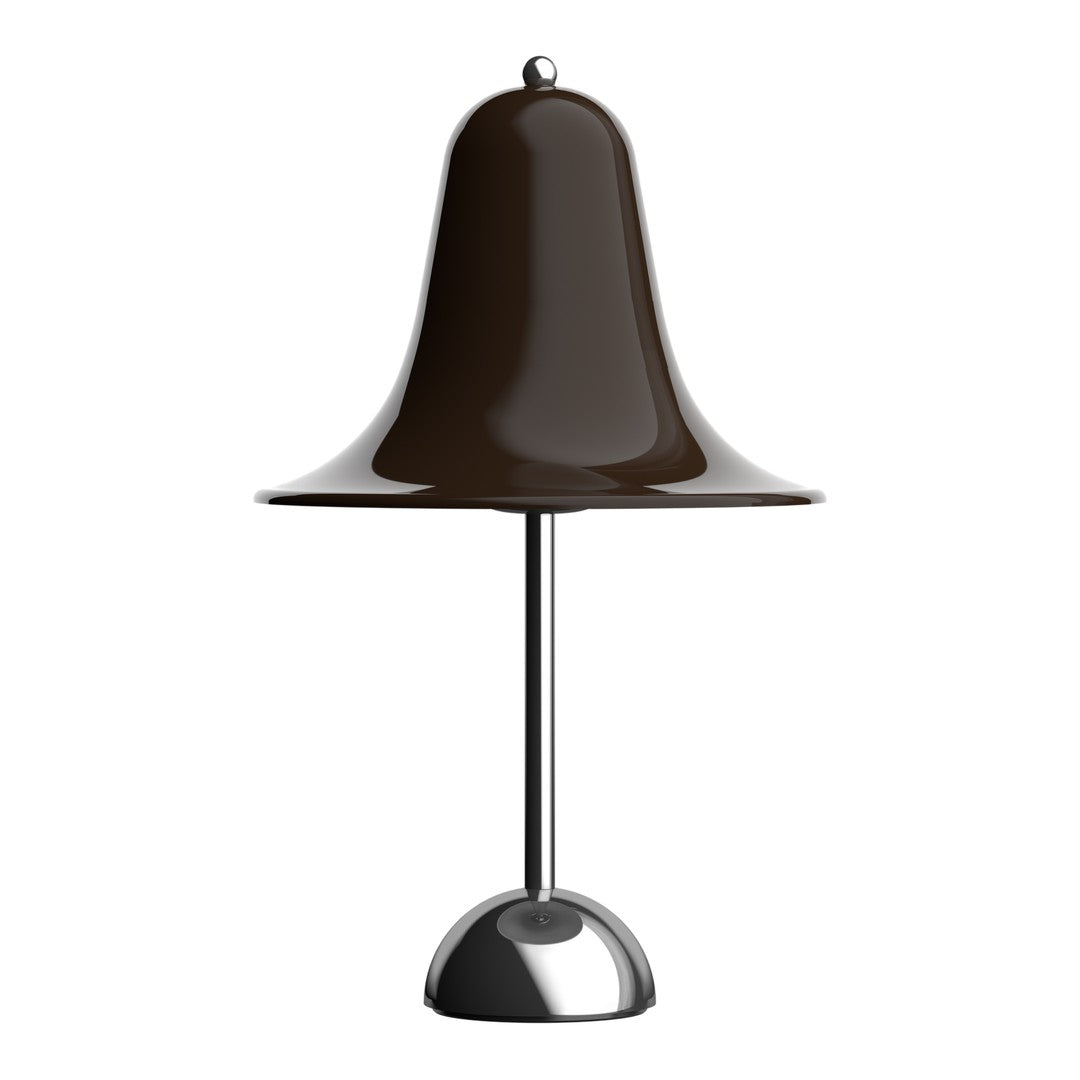 Brown bell-shaped lamp with a sleek chrome base, adding a modern touch to any decor.