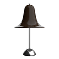 Brown bell-shaped lamp with a sleek chrome base, adding a modern touch to any decor.