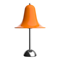 Orange bell-shaped lampshade with a sleek silver base, adding a vibrant pop of color to any modern decor.