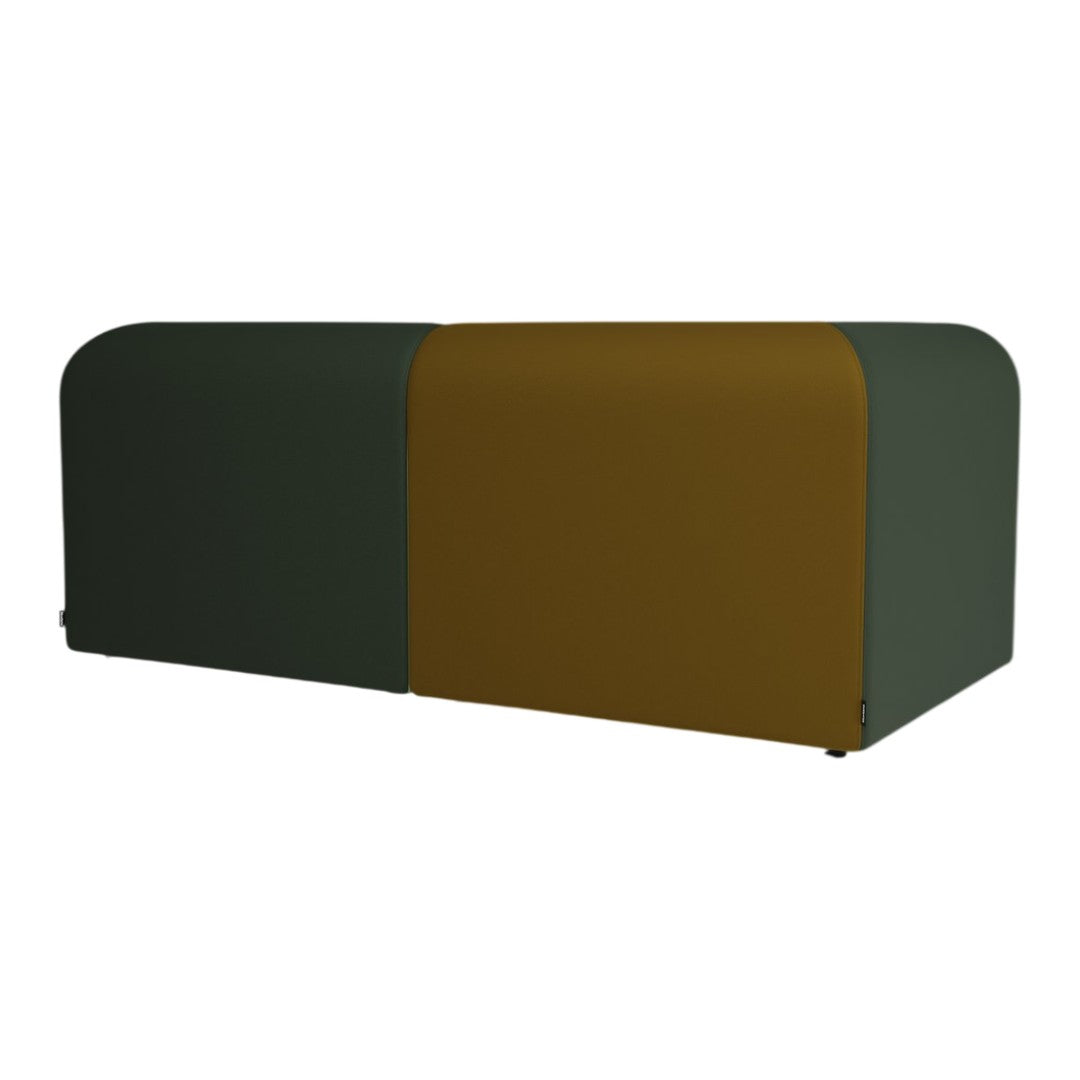 Two-tone modern sofa bench in deep green and mustard yellow, featuring a sleek, minimalist design.