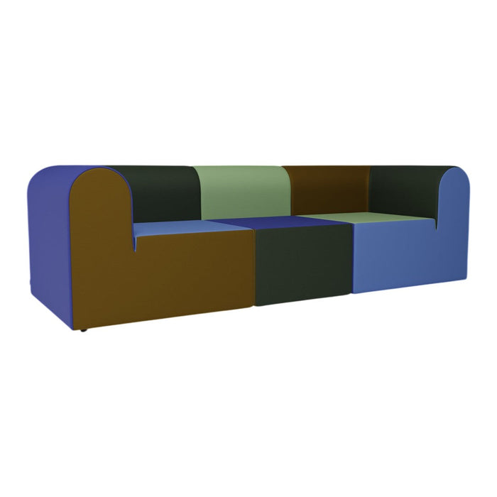 Colorful patchwork sofa featuring green, brown, dark blue, and light blue sections in a modern design.