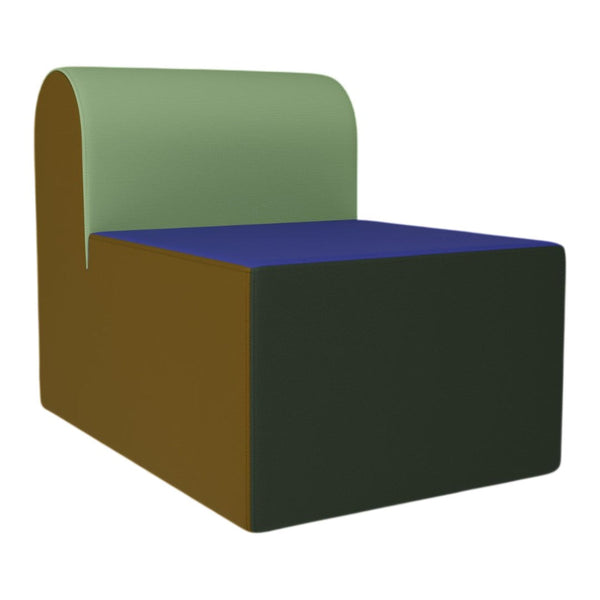 Multicolored block chair in green, blue, and brown hues with a smooth, modern design. Ideal for contemporary spaces.