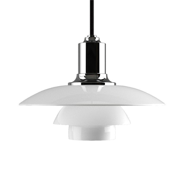 Sleek chrome pendant lamp with a layered white shade, featuring smooth curves and a modern design.
