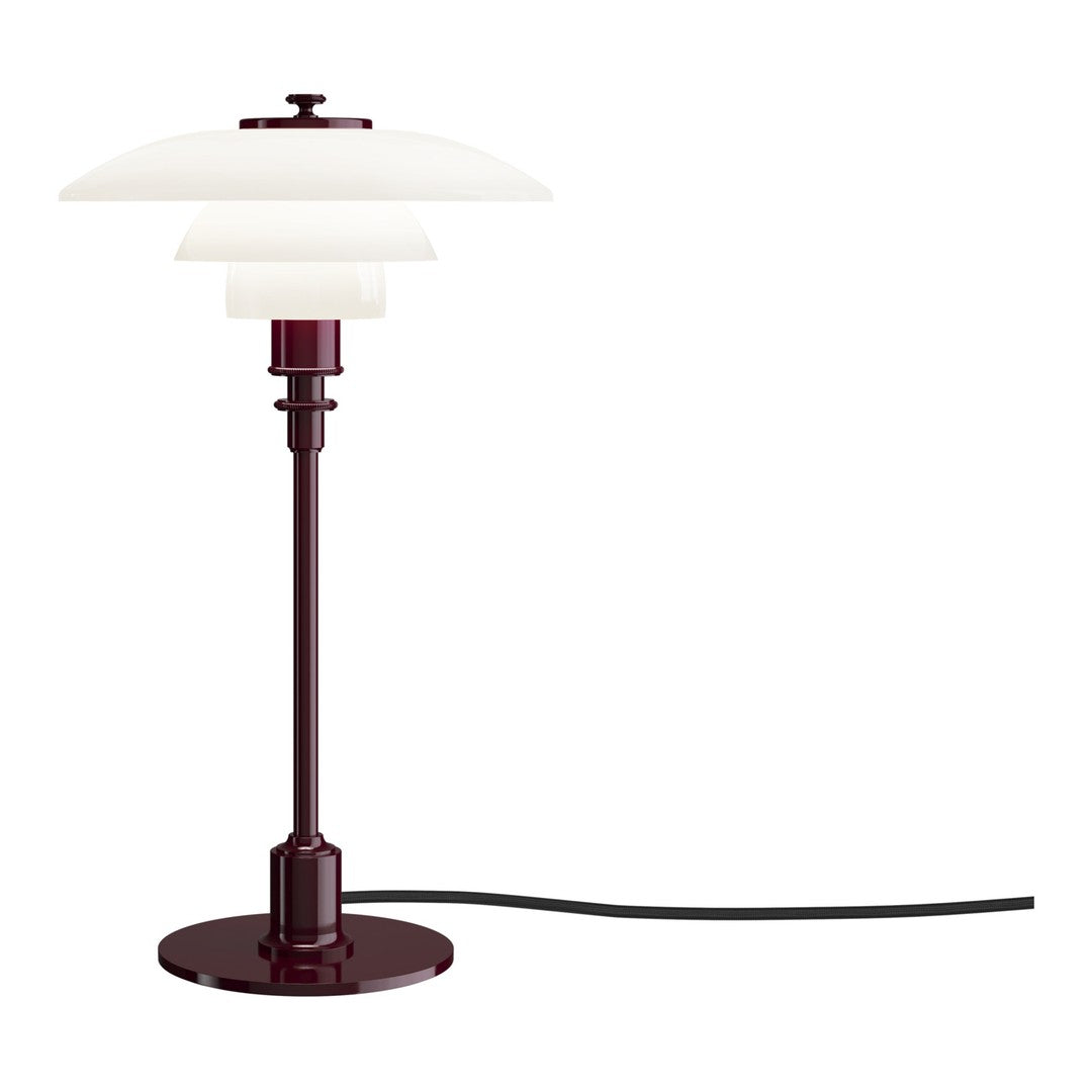 Burgundy table lamp with a smooth white glass shade and a sleek black cord. Elegant and modern design.