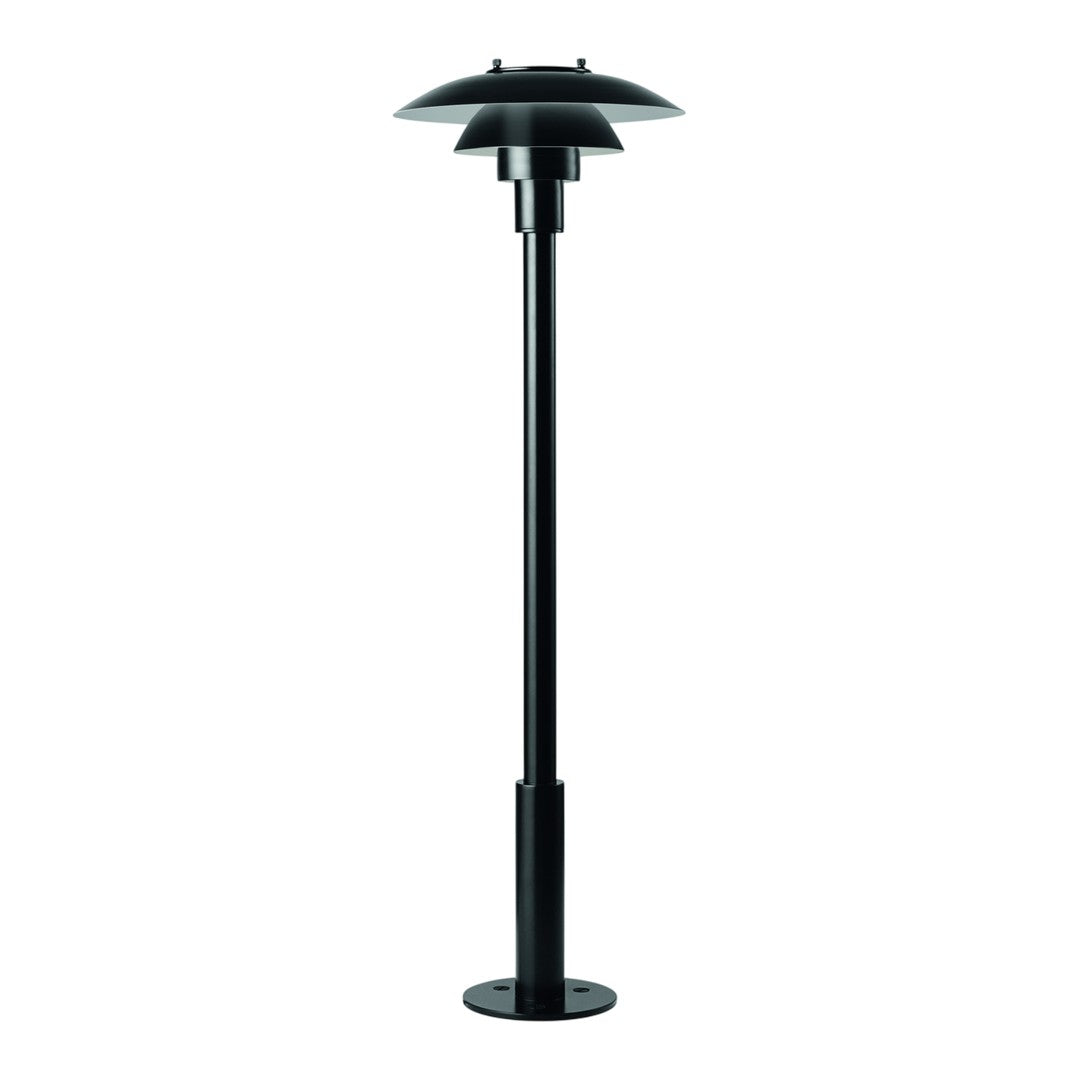 Black contemporary floor lamp with sleek, modern design and layered shade for a stylish touch.