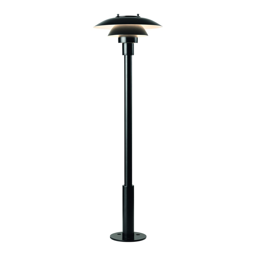 Black floor lamp with a sleek, modern design and layered shade pattern, ideal for contemporary interiors.