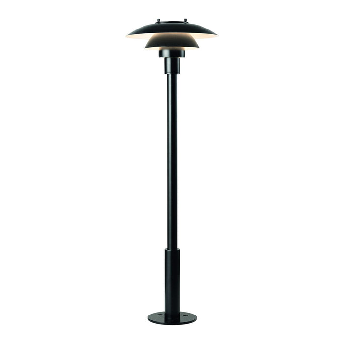 Black floor lamp with a sleek, modern design and layered shade pattern, ideal for contemporary interiors.