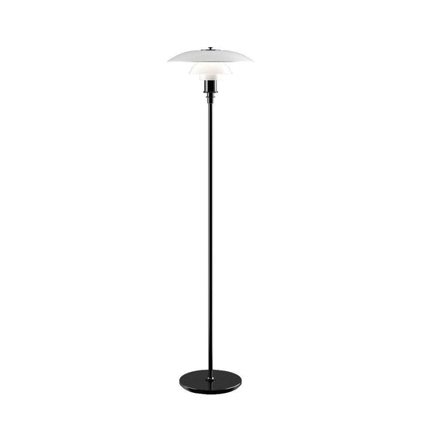"Stylish black floor lamp with a sleek white shade, featuring a minimalist design for modern decor."