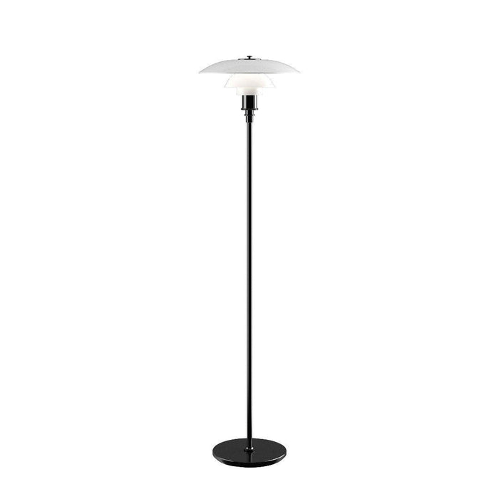 "Stylish black floor lamp with a sleek white shade, featuring a minimalist design for modern decor."