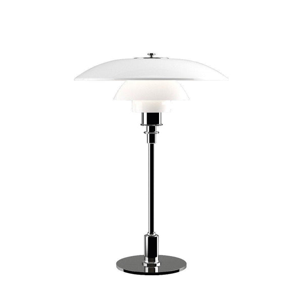 Sleek chrome base with two-tiered white shade, featuring smooth, modern lines for a contemporary look.