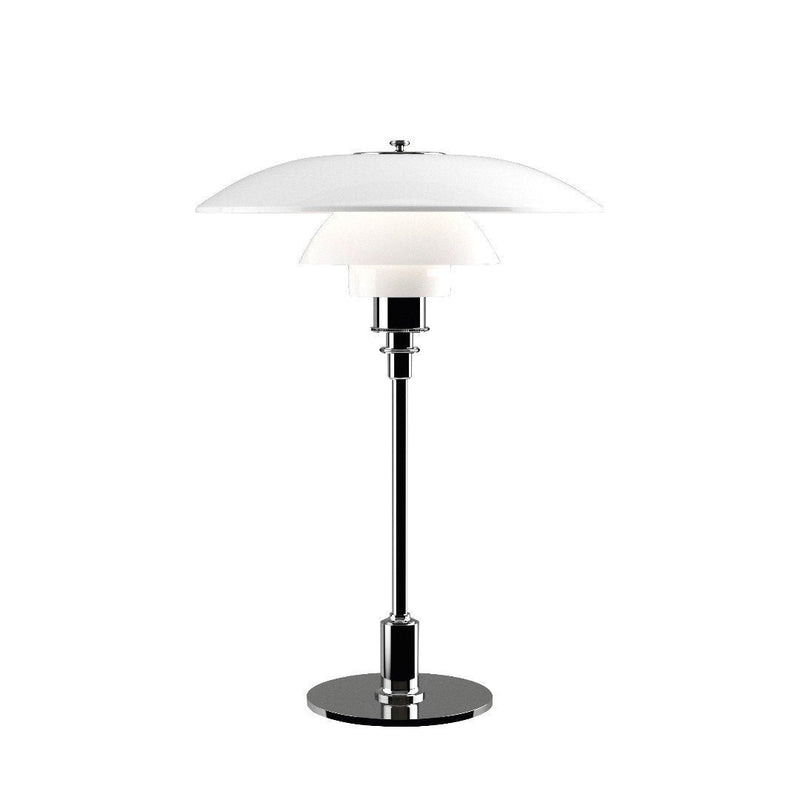 Sleek chrome base with two-tiered white shade, featuring smooth, modern lines for a contemporary look.