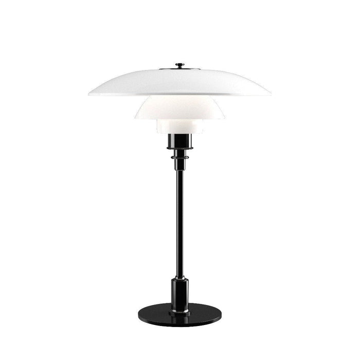 Black and white modern table lamp with layered glass shades and sleek cylindrical stand. Perfect for contemporary decor.