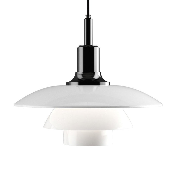 White glass pendant lamp with sleek black accents and layered design, perfect for modern decor.