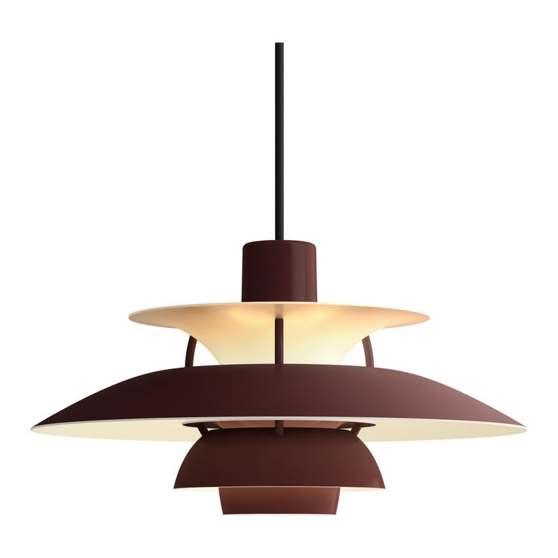 Brown and cream layered pendant lamp with a sleek black cord and modern design. Ideal for contemporary decor.