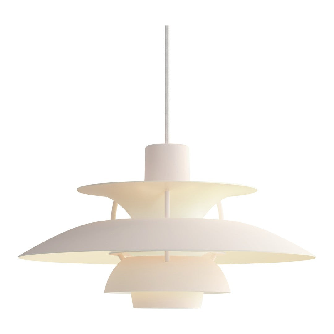 White multi-layered pendant lamp with a sleek modern design and smooth, glossy finish. Suitable for any decor.