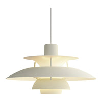 Modern white pendant lamp with layered circular shades, providing a soft and elegant illumination. Ideal for contemporary spaces.