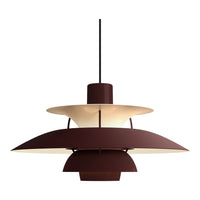Modern pendant lamp in deep burgundy and cream, featuring layered circular shades for a stylish look.