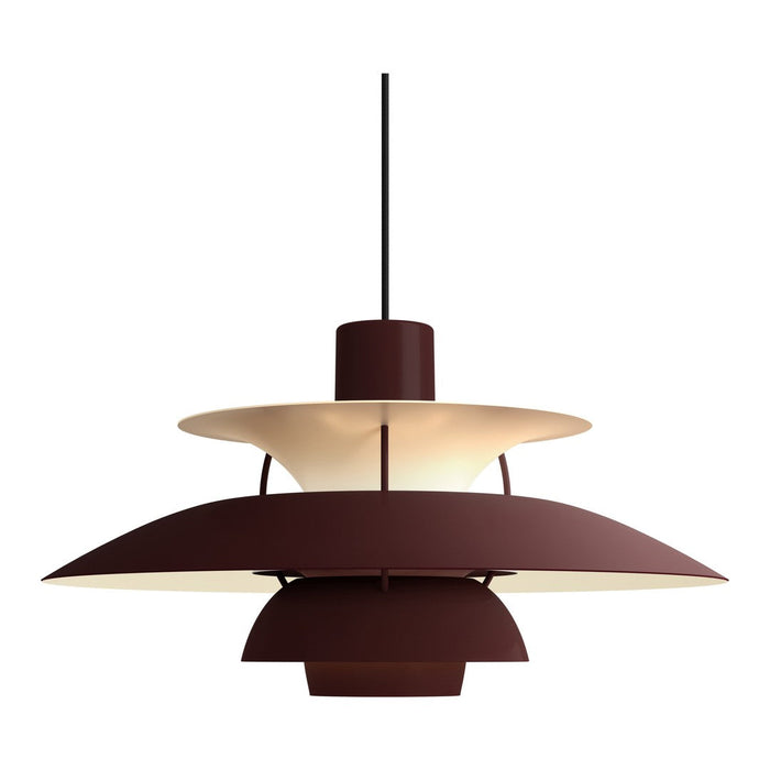 Modern pendant lamp in deep burgundy and cream, featuring layered circular shades for a stylish look.