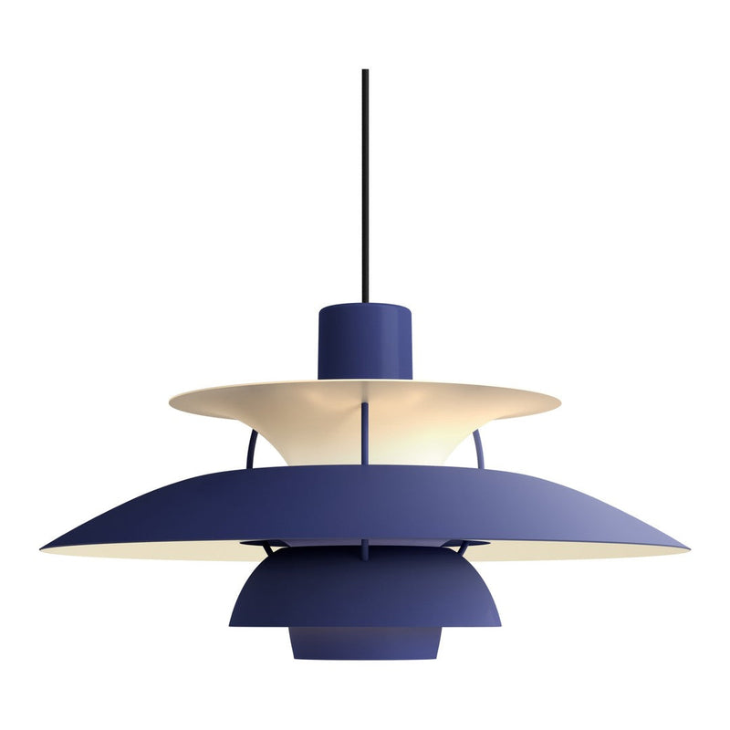 Modern pendant lamp featuring a deep navy blue and soft white color scheme with layered geometric patterns.