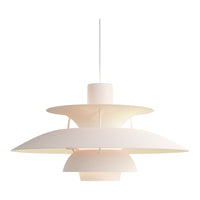 Stylish white pendant lamp with layered, curved shades for a modern aesthetic. Perfect for contemporary decor.