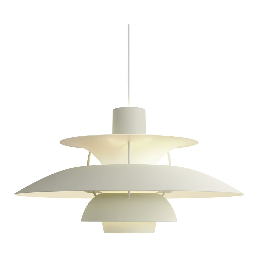 Modern white pendant lamp with layered shades and a sleek, minimalist design. Perfect for contemporary spaces.