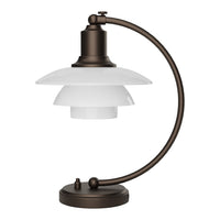 Modern table lamp with a sleek bronze finish and layered white glass shades, creating a stylish contrast.