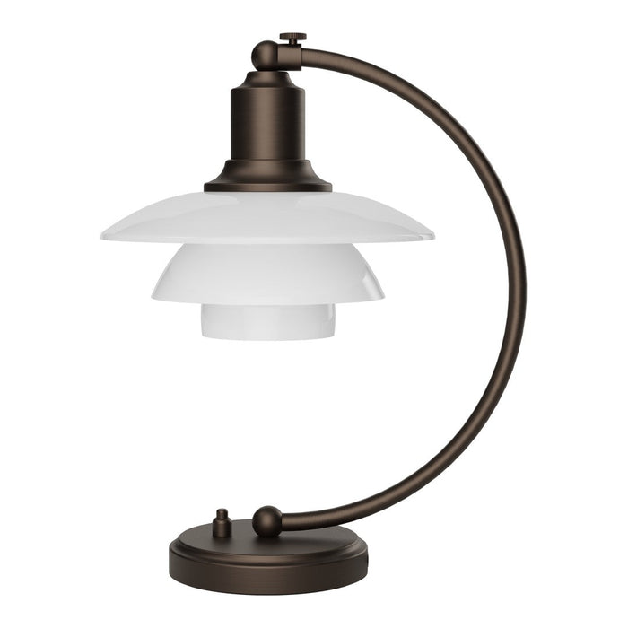 Modern table lamp with a sleek bronze finish and layered white glass shades, creating a stylish contrast.