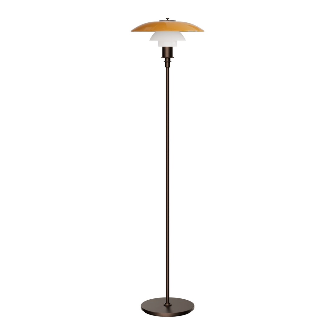 Stylish floor lamp featuring a warm orange and white shade with a sleek black base, perfect for modern decor.