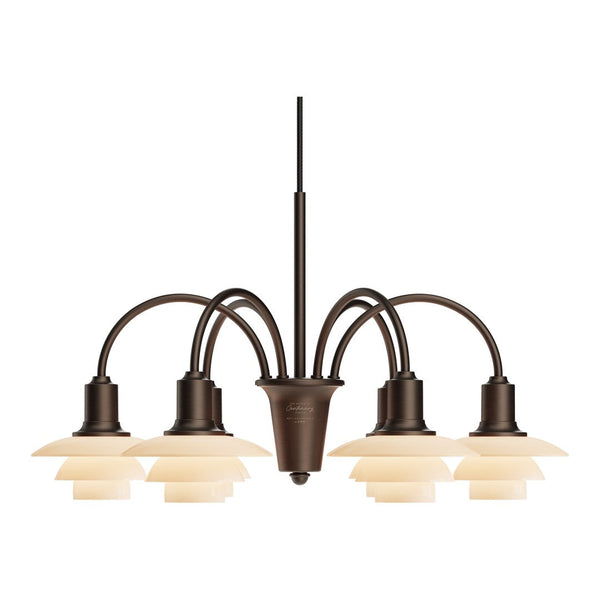 Bronze chandelier with five cream pendant shades featuring a sleek, curved design. Perfect for stylish home decor.