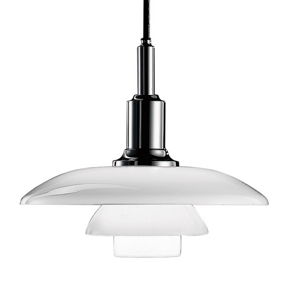 Glossy black pendant lamp with a sleek white glass shade, featuring a modern design and clean lines.
