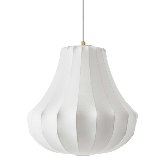 White pleated pendant lamp with a graceful silhouette and subtle texture, perfect for modern decor.