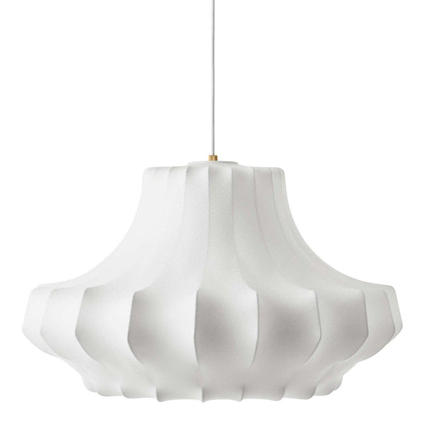 White, scalloped pendant lamp with a smooth finish and subtle texture, perfect for modern decor.