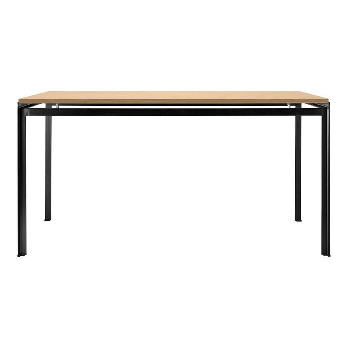 Minimalist black metal frame with a natural wood tabletop, featuring a smooth, light brown finish.