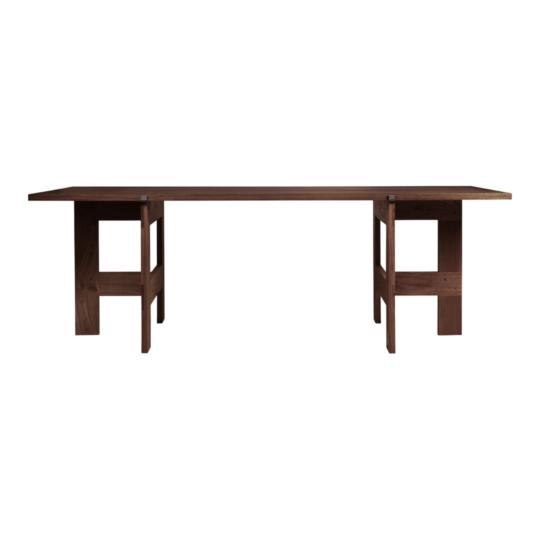 Dark brown wooden table with a minimalist design and clean lines, showcasing a sleek and modern aesthetic.